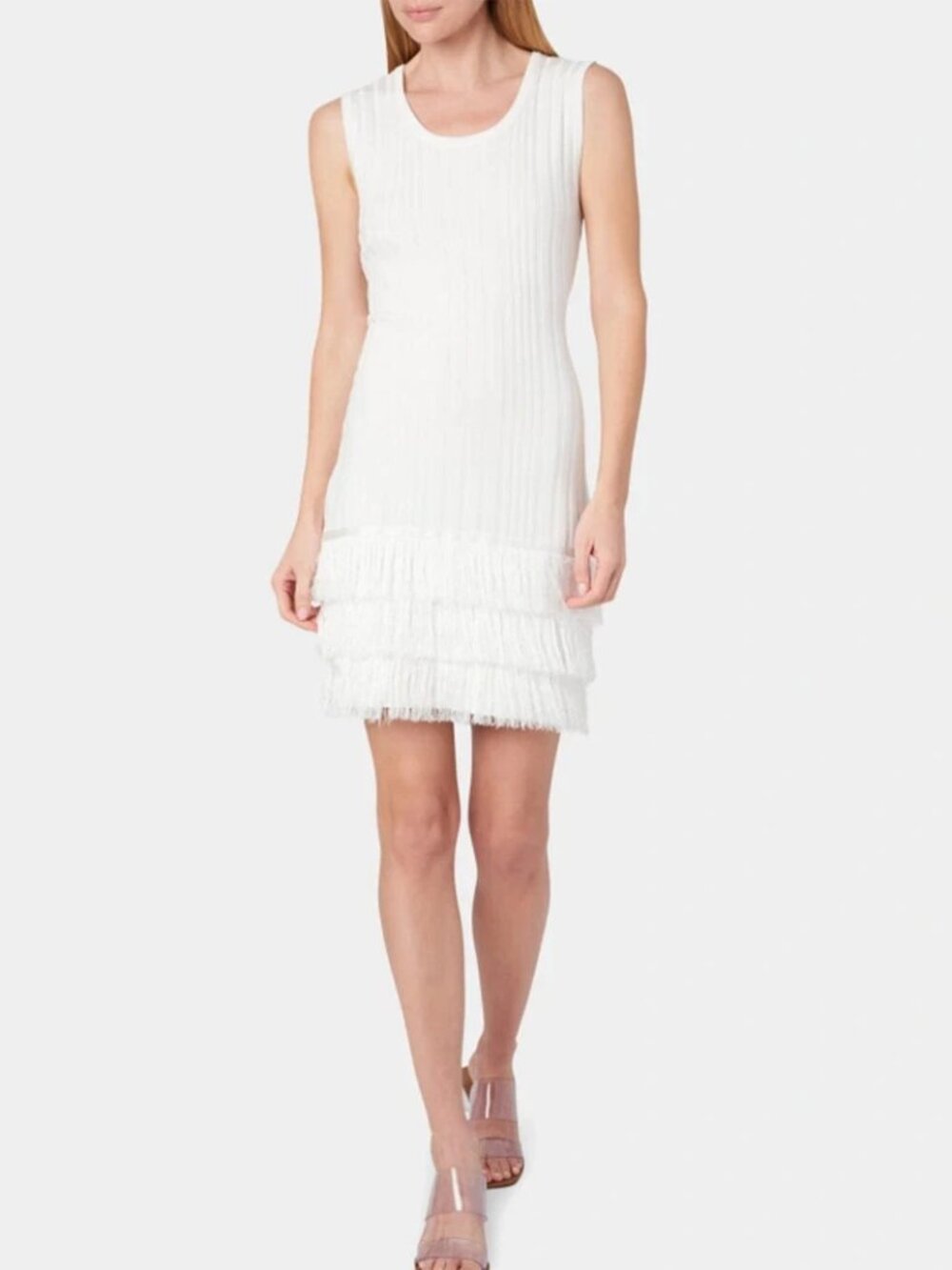 $395 MILLY White Knit Fringe Dress; Size Small